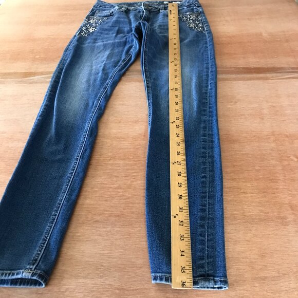 Miss Me Skinny Jeans Women 27 Blue Mid Rise Floral Rhinestone Medium Wash 16323 - Picture 6 of 15
